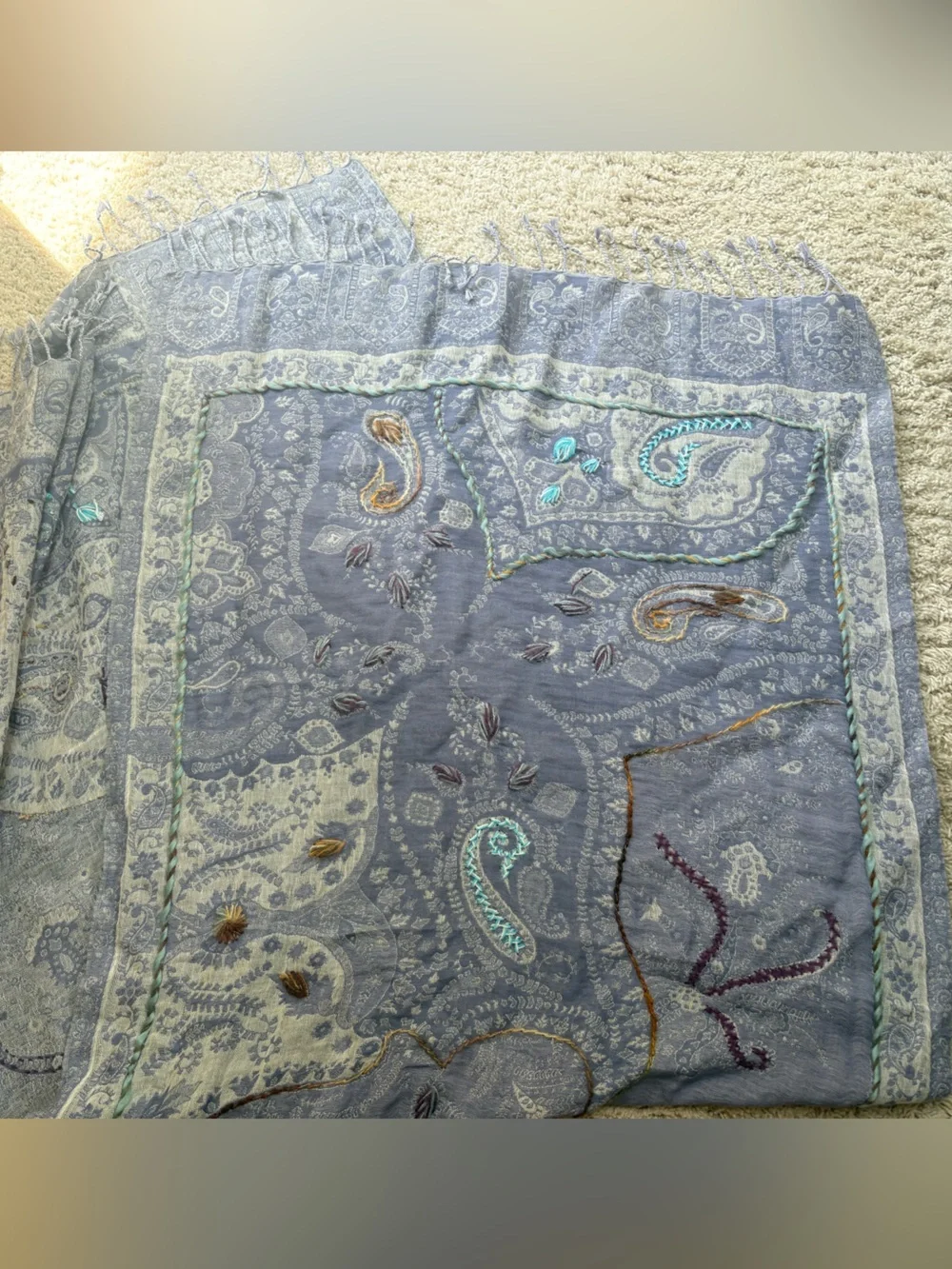 Hand Embroidered Wool Shawl/Wrap Violet Purple Wool Stitch on Paisley 29” x 66”